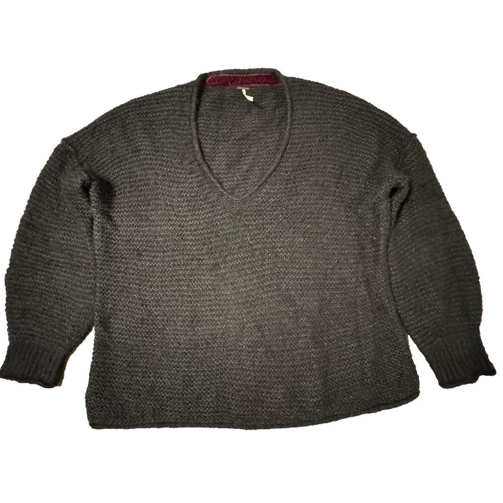 Free People V Neck Sweater Oversized Nubby Knit Black Alpaca Blend XS Boho Witch